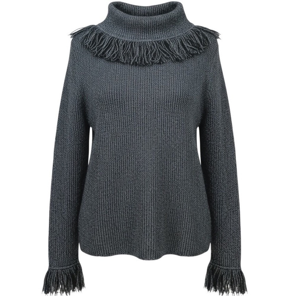Mark Alan Womens Gray Ribbed Fringe Turtleneck Sweater Large Boho Marled Knit‎